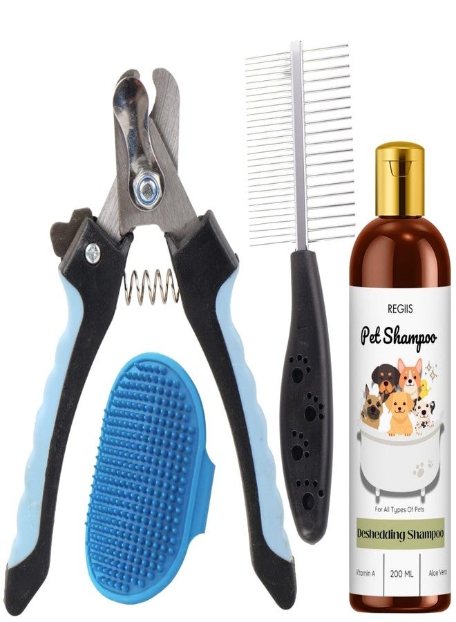 مجموعة العناية بالحيوانات الأليفة مع شامبو لإزالة الشعر الزائد، وفرشاة احترافية للكلاب، ومقص أظافر، 200 مل (عبوة من 4 قطع) - Image 1